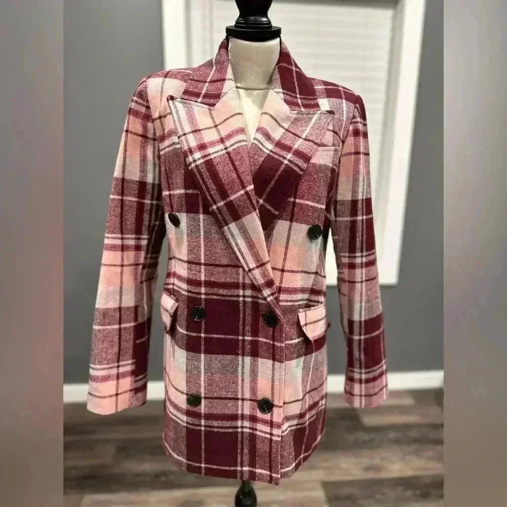 7 FOR ALL MANKIND Women Size S Pink/Red Plaid Double Breasted Peacoat Jacket